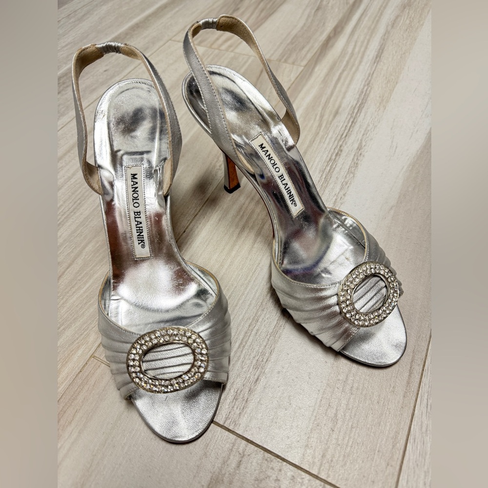 Manolo Blahnik Metallic Silver Heels with Jeweled Accent